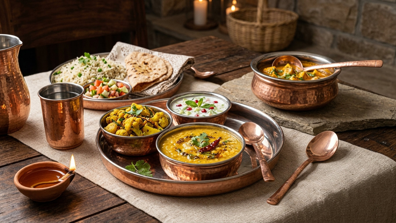 Tamra Patra — satvik fare served in hand-hammered copper vessels